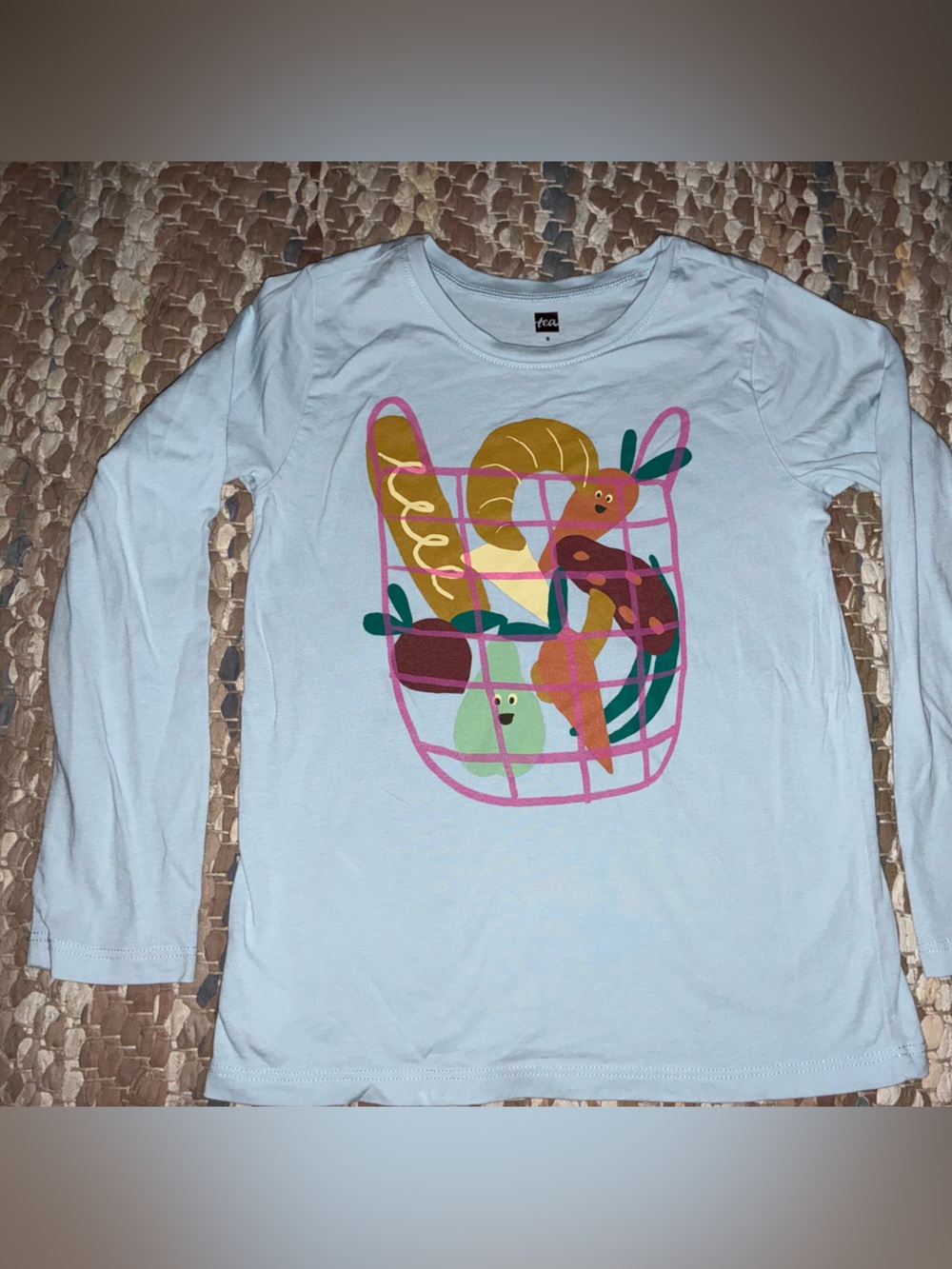 Tea Collection Light Blue Long-Sleeve Tee with Pink Basket Fruit Print